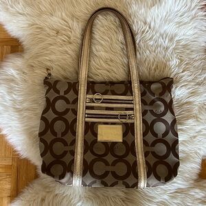 Coach Poppy Op Art Glam Tote Bag Shoulder Bag Tan Gold Beige